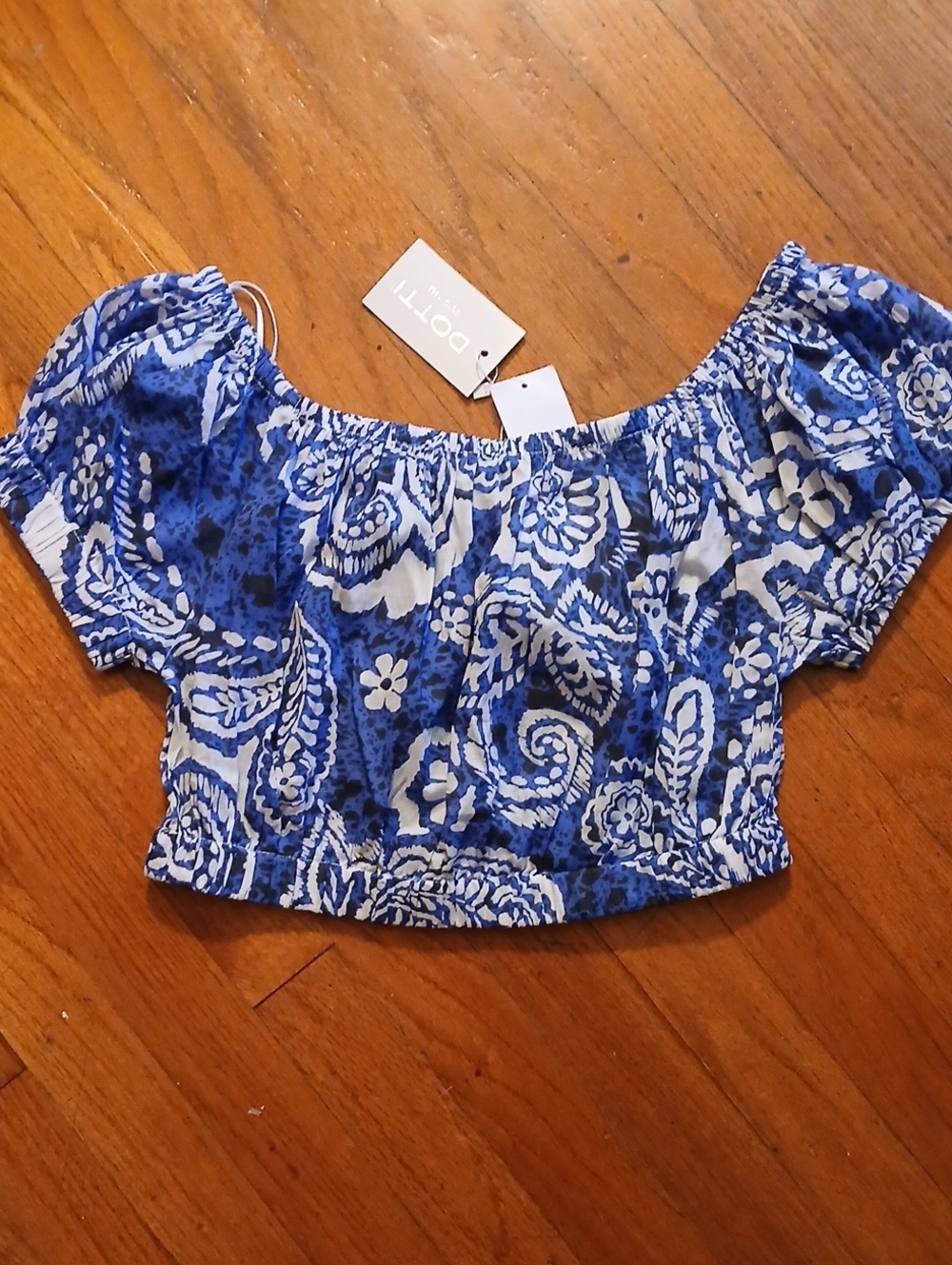 Dotti Blue & White Paisley Off-Shoulder Crop Top